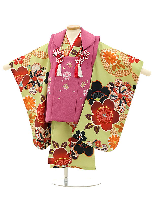 七五着物 3歳 女の子 被布 セット 3歳の着物レンタル(女の子)A32G ピンク 鞠×黄緑地 梅レンタル 3歳 女児 被布 七五三 753 着物 三 女の子 ...