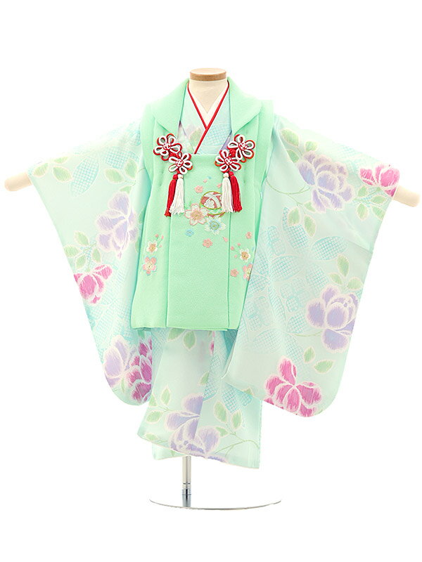 七五着物 3歳 女の子 被布 セット 3歳の着物レンタル(女の子)A32H ミントグリーン鞠×ライトブルー地 花レンタル 3歳 女児 被布 七五三 753 着物...