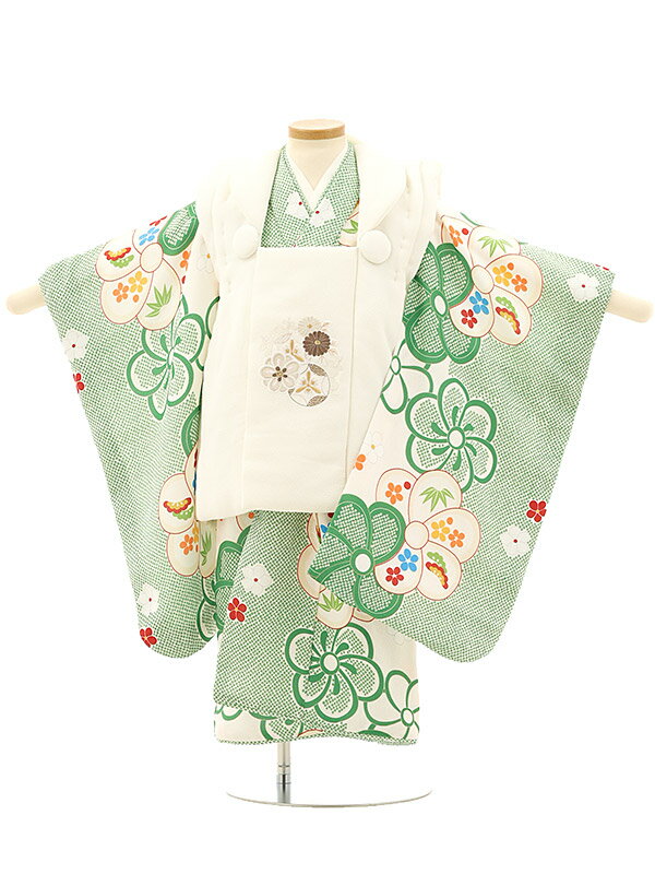 七五着物 3歳 女の子 被布 セット 3歳の着物レンタル(女の子)A32P オフホワイト刺繍菊梅×緑疋田柄 ねじり梅レンタル 3歳 女児 被布 七五三 753 ...