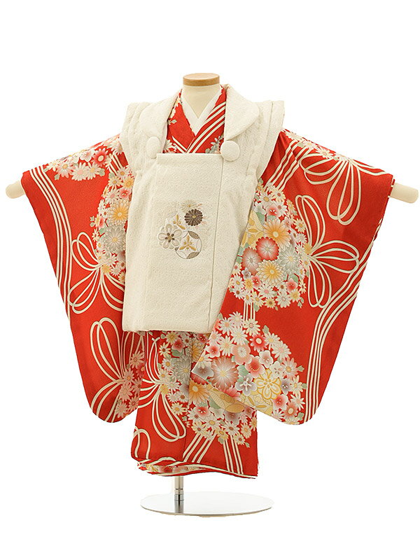 七五着物 3歳 女の子 被布 セット 3歳の着物レンタル(女の子)A32Q 白 刺繍菊梅×赤だいだい色 花レンタル 3歳 女児 被布 七五三 753 着物 三 ...