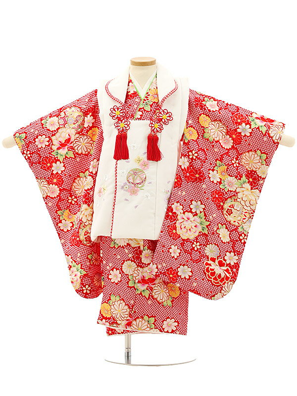 七五着物 3歳 女の子 被布 セット 3歳の着物レンタル(女の子)A32T白毬×赤地鹿の子柄牡丹レンタル 3歳 女児 被布 七五三 753 着物 三 女の子 着...