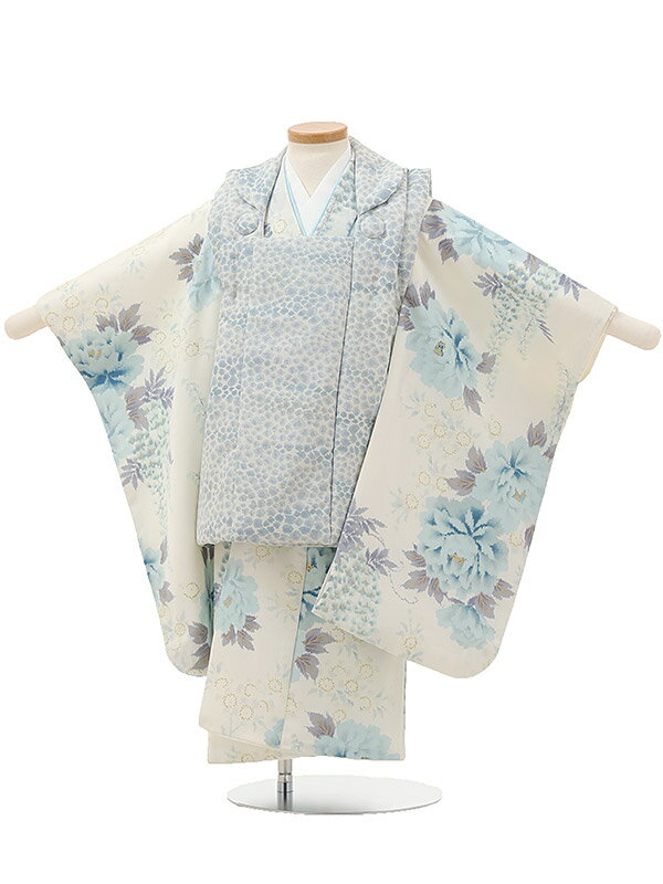 七五着物 3歳 女の子 被布 セット 3歳の着物レンタル(女の子)A32Yブルーグレー×オフホワイト牡丹レンタル 3歳 女児 被布 七五三 753 着物 三 女...