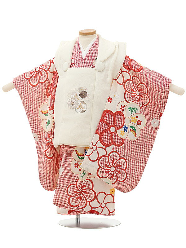 七五着物 3歳 女の子 被布 セット 3歳の着物レンタル(女の子)A33Mオフホワイト刺繍菊梅×赤疋田柄ねじり梅 レンタル 3歳 女児 被布 七五三 753 着...