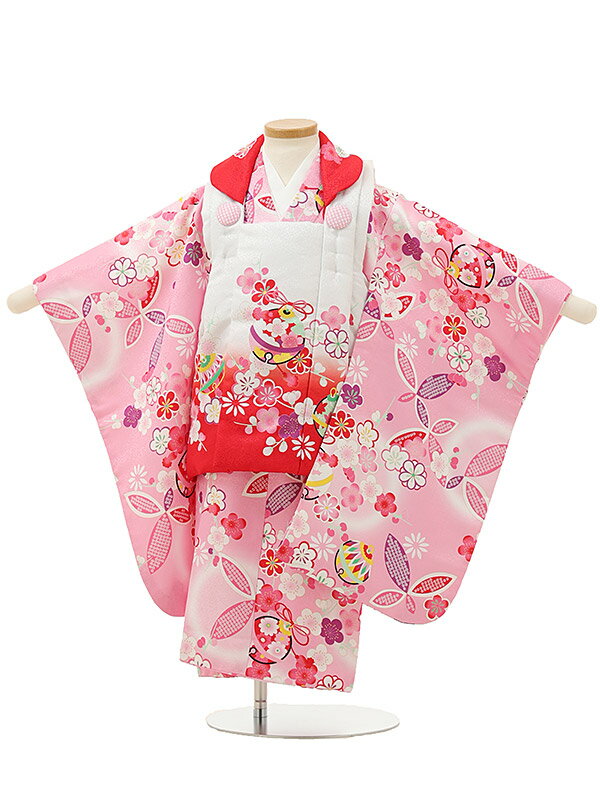七五着物 3歳 女の子 被布 セット 3歳の着物レンタル(女の子)A34Q白赤鈴×ピンク鈴レンタル 3歳 女児 被布 七五三 753 着物 三 女の子 着物 お...