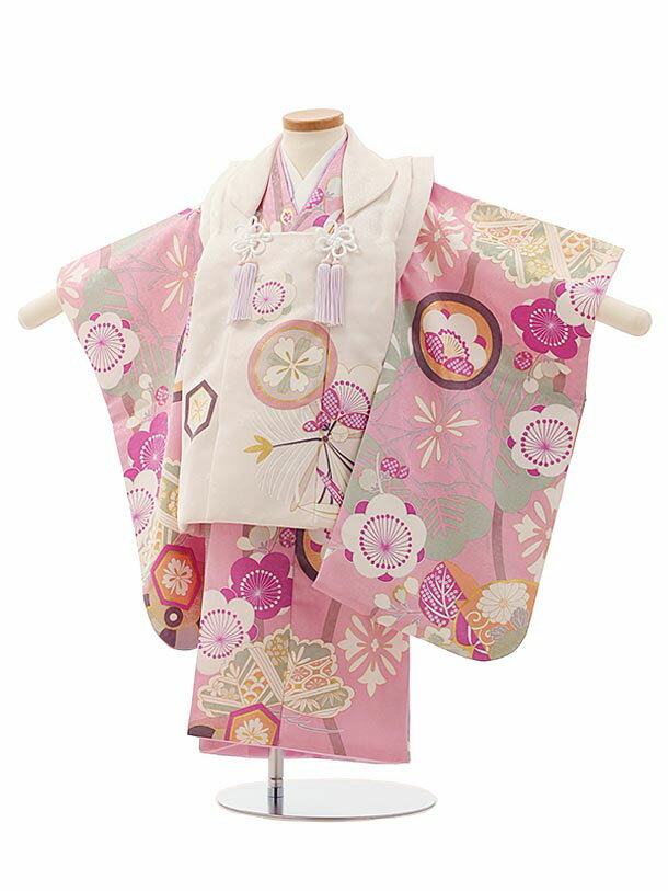 七五三(3歳女児被布)A34T【ようよう】 丸紋に松竹梅の桐ピンク×白レンタル 3歳 女児 被布 七五三 753 着物 三 女の子 着物 お祝い着 3才 きもの...