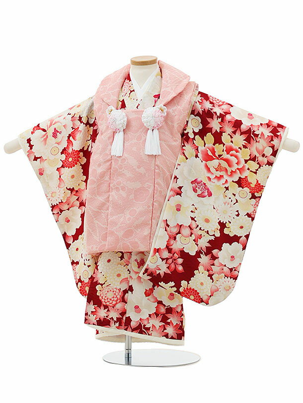 七五三 レンタル 3歳 女の子 被布 A35F 【華徒然】 ピンク梅×赤 牡丹 椿 レンタル 3歳 女児 被布 七五三 753 着物 三 女の子 着物 お祝い着...