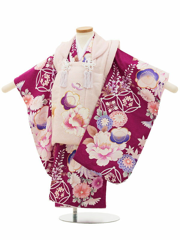 七五三(3歳女児被布)A35J ピンク牡丹×赤紫 牡丹 菊 梅 レンタル 3歳 女児 被布 七五三 753 着物 三 女の子 着物 お祝い着 3才 きものレンタ...