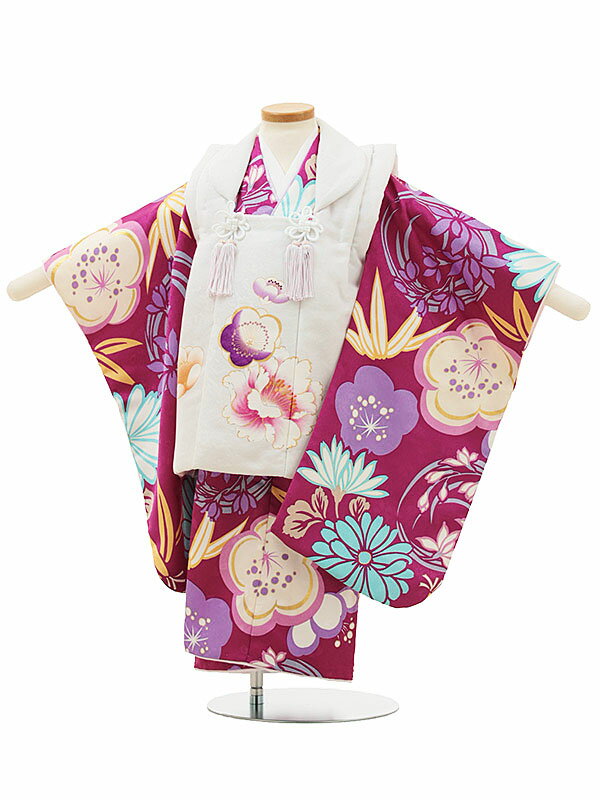 七五三(3歳女児被布)A35K 白 梅 牡丹 ×赤紫 菊 梅 レンタル 3歳 女児 被布 七五三 753 着物 三 女の子 着物 お祝い着 3才 きものレンタル...