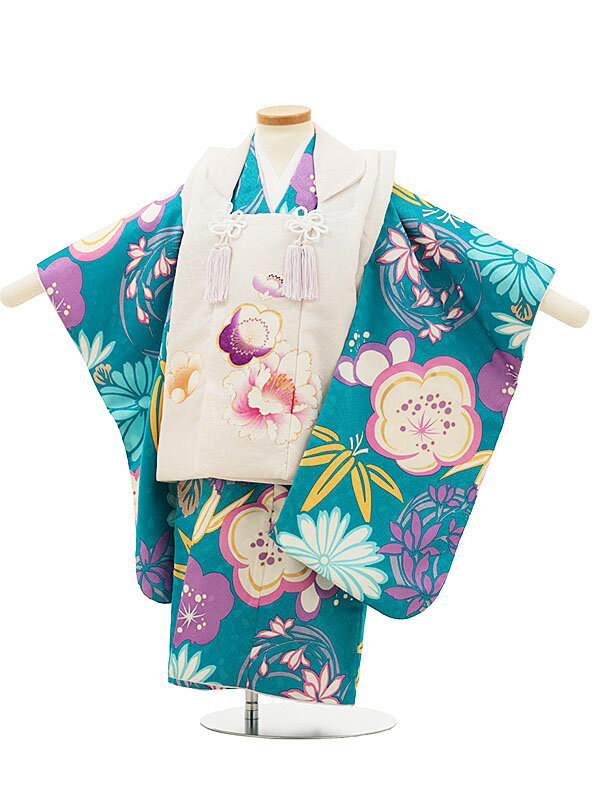 七五三(3歳女児被布)A35Q ピンクベージュ梅×アクアマリン 菊 レンタル 3歳 女児 被布 七五三 753 着物 ..