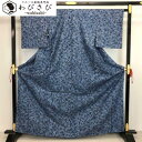 【お得なクーポン配布中】 紬着物 四角の中に流水模様 藍色 しつけ糸 K-3360 着物 きもの kimono 和服 和装 中古 リサイクル着物 【送料無料】