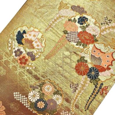 【お得なクーポン配布中】 袋帯 雪輪に美しい花模様 蝶々 藤の花 金色 O-3471 着物 きもの kimono 和服 和装 中古 リサイクル着物 【送料無料】