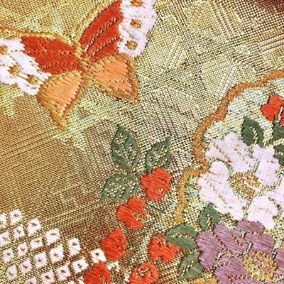 【お得なクーポン配布中】 袋帯 雪輪に美しい花模様 蝶々 藤の花 金色 O-3471 着物 きもの kimono 和服 和装 中古 リサイクル着物 【送料無料】