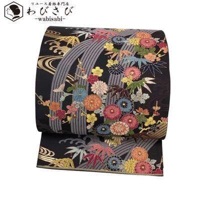 【27日まで★お買い物マラソン★全商品30％OFFクーポン★配布中】 袋帯 唐織 流水に彩り鮮やかな菊梅笹の花柄模様 金糸 涅色 O-3622 着物 きもの kimono 和服 和装 中古 リサイクル着物 【送料無料】