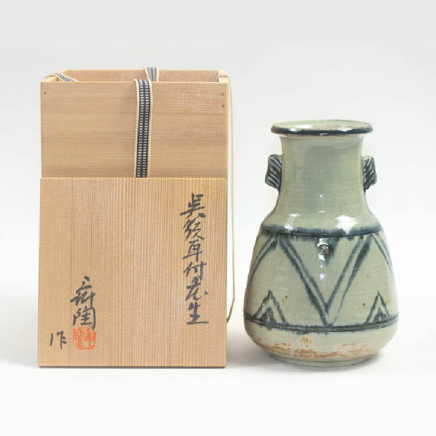 樂天商城 - 龍窯 加藤舜陶造 呉須耳付花生 花瓶 共箱 中古 #19784T