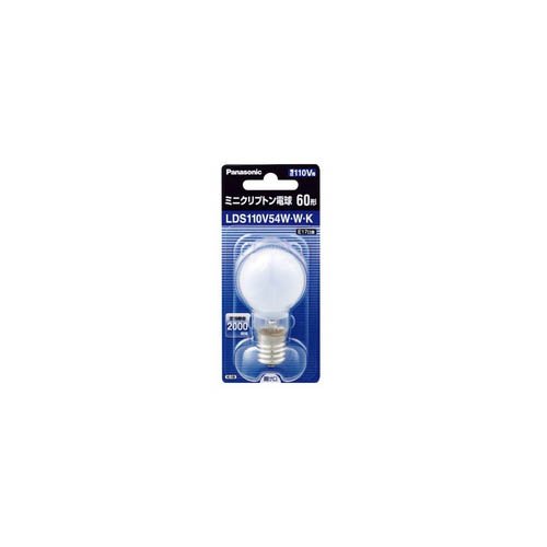特殊:B00H5GC276コード:4984824505230ブランド:パナソニック(Panasonic)規格：LDS110V54W W K商品カラー: 白商品サイズ: 高さ67、幅35、奥行き35商品重量:14000この商品について長寿命と小形化を実現した電球です。 明るさ同じで10%節電。(当社従来品比) 60W形110V用 E17口金 バルブ仕上ホワイト 種別:60形 ガラス仕上げ:ホワイト 口金:E17 定格消費電力:54W 寸法:バルブ経35 長さ67mm 質量:14g 全光束:790lm 定格寿命:2,000時間 耐熱ソケットなどの適合器具で指定ワット数の電球をご使用ください。(器具過熱の原因) 当てたりして傷をつけないで下さい。(破損の原因) 水滴のかかる状態で使用しない。(破損の原因) 点灯中や消灯直後は熱いので絶対に触れないで下さい。(ヤケドの原因) ダウンライト シャンデリア ブラケットなどブランドパナソニック(Panasonic)ワット数54 W電球形状サイズE17電球ベースE17ライトカラーホワイト発送サイズ: 高さ13.3、幅7.6、奥行き3.7発送重量:60長寿命と小形化を実現した電球です。 明るさ同じで10%節電。(当社従来品比) 60W形110V用 E17口金 バルブ仕上ホワイト 種別:60形 ガラス仕上げ:ホワイト 口金:E17 定格消費電力:54W 寸法:バルブ経35 長さ67mm 質量:14g 全光束:790lm 定格寿命:2,000時間 耐熱ソケットなどの適合器具で指定ワット数の電球をご使用ください。(器具過熱の原因) 当てたりして傷をつけないで下さい。(破損の原因) 水滴のかかる状態で使用しない。(破損の原因) 点灯中や消灯直後は熱いので絶対に触れないで下さい。(ヤケドの原因) ダウンライト シャンデリア ブラケットなど