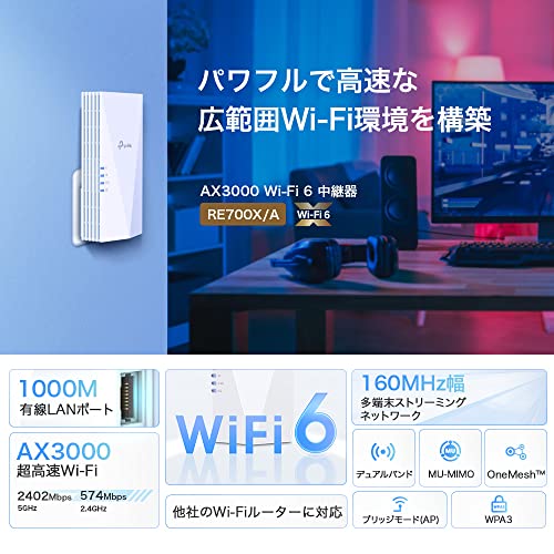 TP-Link Wi-Fi 無線LAN 中継器 Wi-Fi6 対応 2402 + 574Mbps 11ax/ac APモード HE160 ブリッジモードギガ有線LANポート RE700X/A