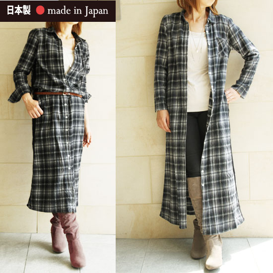 【日本製】日本製ロングシャツチェックネルシャツ　ロング チェックシャツレディース チェック ネルシャツ チェックロングシャツレディース チェックロングネルシャツレディース チェック柄 シャツ チェック柄 シャツ レディース シャツチェック シャツチェックレディースのサムネイル