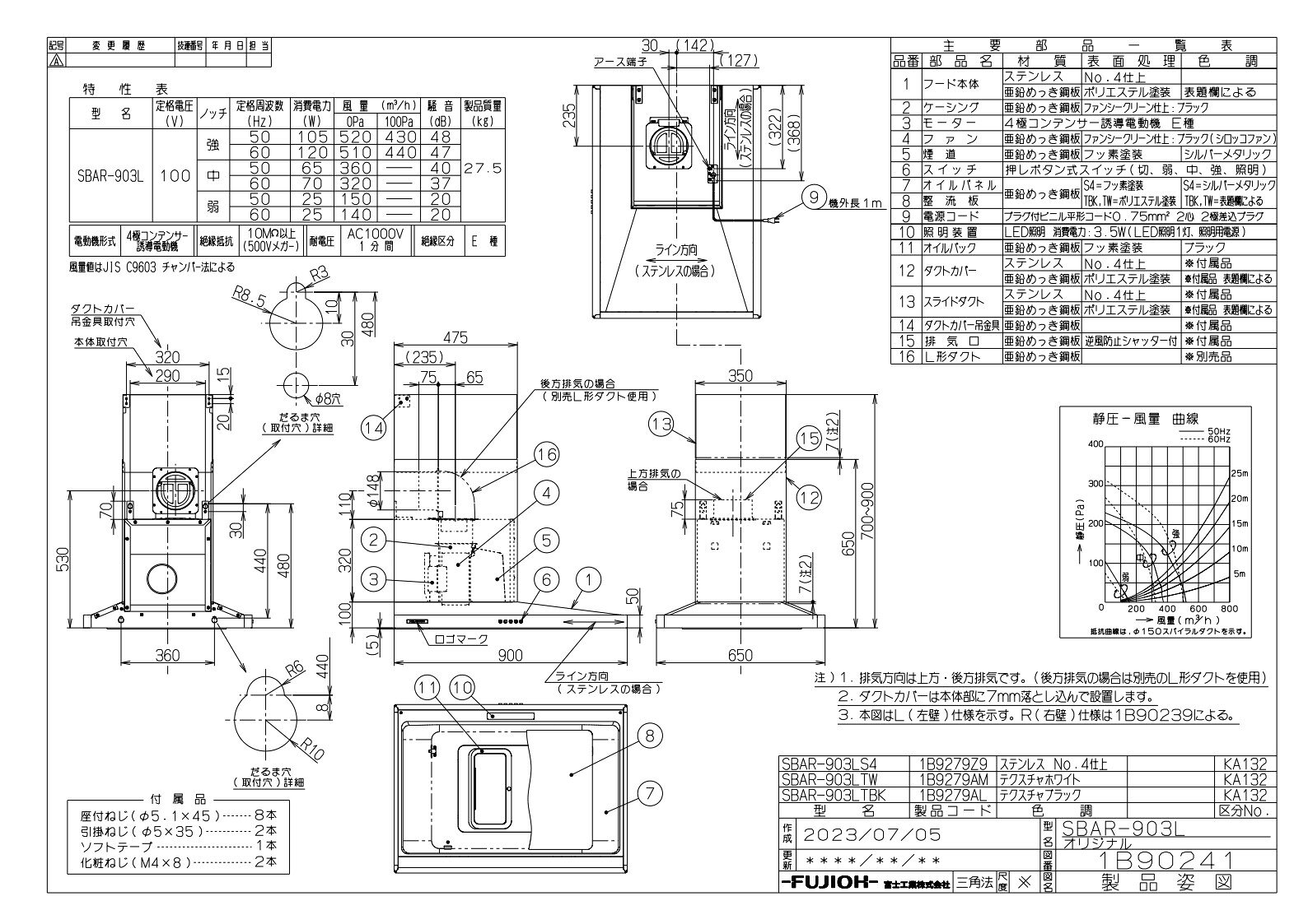 レンジフード　アリアフィーナ製（富士工業）SBAR-903(R/L)S4　間口90cm　ステンレス　サイドバルケッタ　ダクトカバー付き