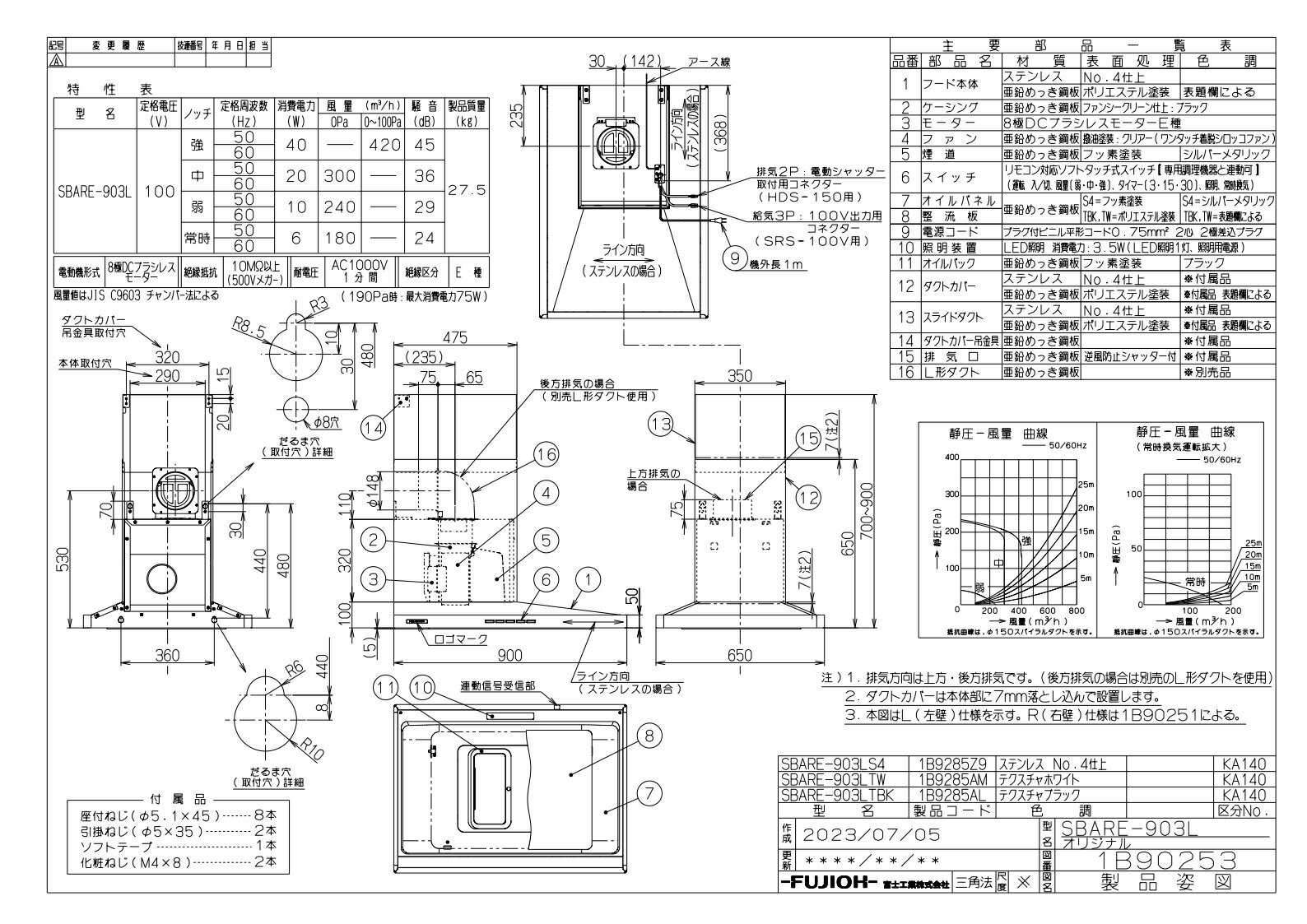 レンジフード　アリアフィーナ製（富士工業）SBARE-903(R/L)S4　間口90cm　ステンレス　サイドバルケッタEモデル　ダクトカバー付き