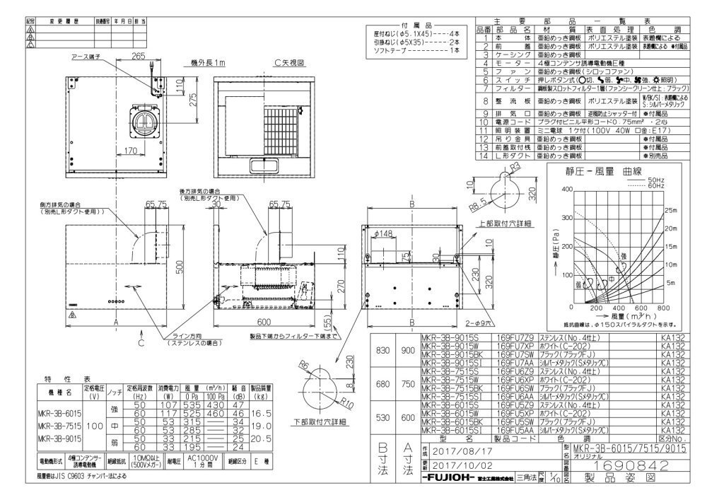 レンジフード　富士工業製（富士工業）MKR-3B-7515SI　シルバーメタリック　間口75cm　高さ50cm　スタンダード　壁面取付けタイプ　BL3型相当風量