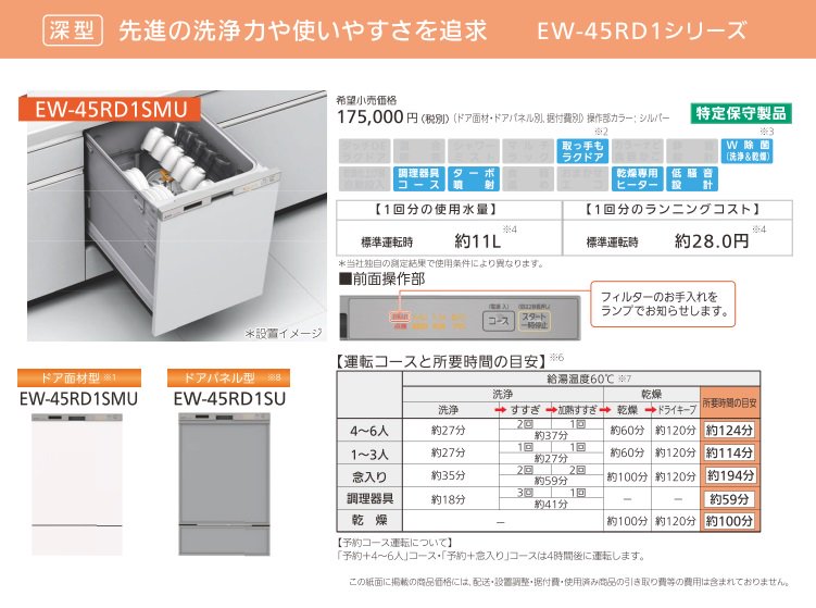食器洗い乾燥機　三菱電機製（三菱電機）EW-45RD1SU 幅45cm 深型 ドアパネル型　【パネル別売】