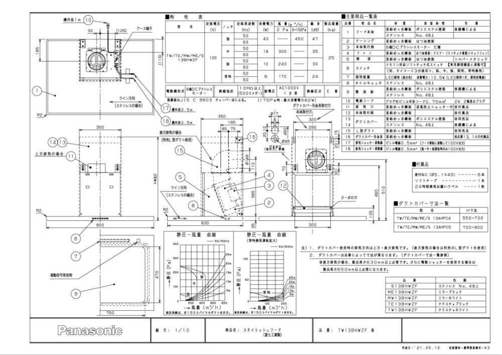 レンジフード 富士工業製（Panasonic）JUGS13BHWZF　スタイリッシュフード　シロッコファン　シルバー　間口90cm　壁付けタイプ　ダクトカバー付き