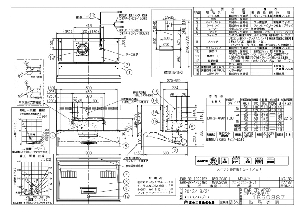 レンジフード 富士工業製（Rinnai）EWR-3R-AP901BK　間口90cm　ブラック　EWRシリーズ　クリーンフード　上幕板付き