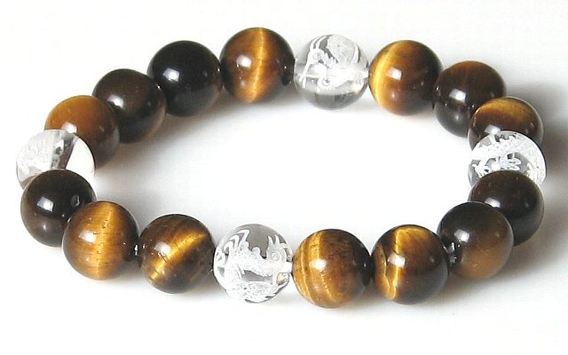風水四神 水晶&虎目石(タイガーアイ)10mm ブレスレット【4月 10月 誕生石】 【15cm 16.5cm 18cm 20cm 22cm】最強四神 浄化 健...