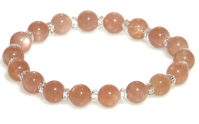 直径8mmのオレンジムーンストーン&水晶・優しさブレスレット【4月 6月 誕生石】健康 幸運 恋の予感 天然石 数珠 アクセサリー ジュエリー パワーストーン ...