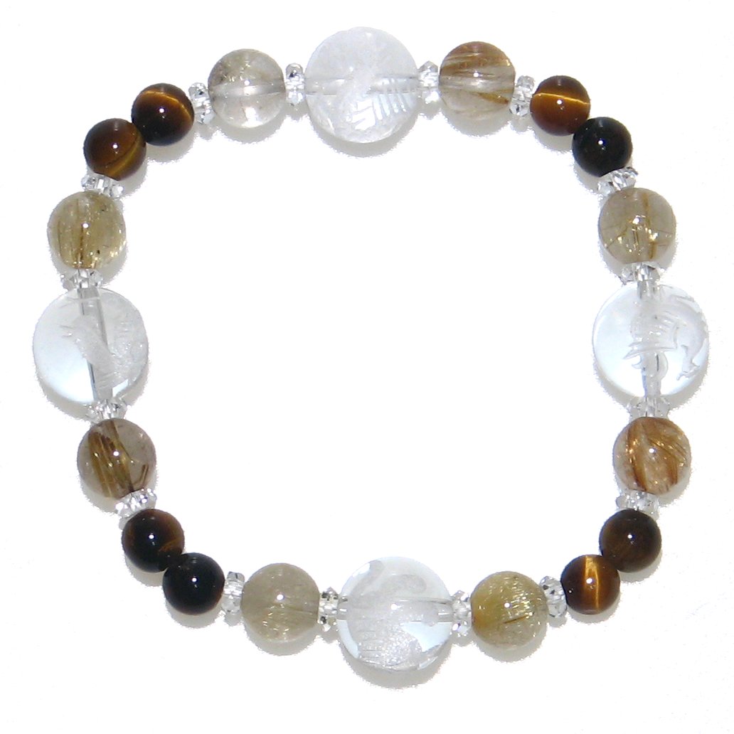 四神 水晶 12mm & ルチルクォーツ & タイガーアイ 挑戦 ブレスレット【4月 8月 10月 誕生石】【19cm】最強四神 数珠 念珠 天然石 パワースト...