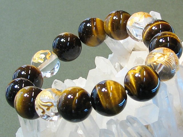 金彫水晶四神&タイガーアイ(虎目石) 14mm ブレスレット【16.5cm 18cm 20cm 22cm 】【10月 誕生石】最強四神タイガーアイ 虎目石 天然...