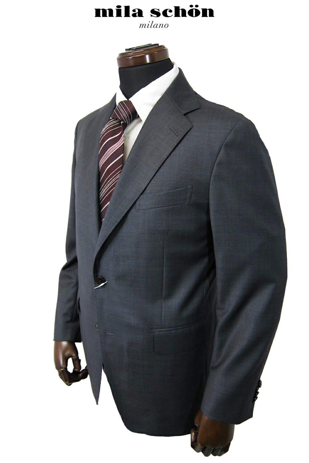 アウトレットミラショーン スーツ 秋冬物 ゼニア素材 チャコールグレー 無地調 シャドーストライプ 1タック 軽量 日本製 メーカー正規品