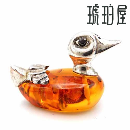 琥珀 置物 アヒル 鳥 彫刻 人形 ミニチュア フィギア イエローアンバー ハニー バルト産 動物 アニマル雑貨 シルバー 一点物 琥珀屋 No 3151 送料...