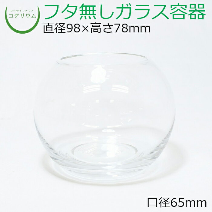 素材：ガラス容器 サイズ(約)：直径98×高さ78mm　口径65mm その他商品説明： ※手造り品のため、ガラス内に小さな気泡が入っている場合や、同じ商品でも容器の厚みや重量に若干の差がございますので予めご了承ください。真ん丸な球体をしたガラス容器です。様々なレイアウトに合う万能タイプです。