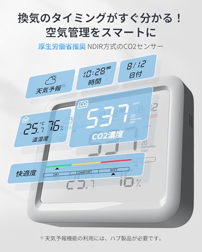 kokolohasstyleのSwitchBot CO2センサー 二酸化炭素濃度計 温湿度計 アラーム - スイッチボット デジタル 大画面 高精度 CO2測定器 快適指数 天気予報 時計 卓上 カレンダー スマホ連動 アラート通知 グラフ記録 スマートホーム Alexa Goog｜アングル2