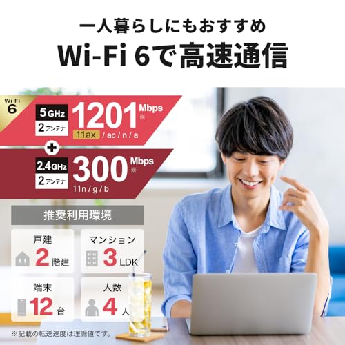 バッファロー WiFi ルーター 無線LAN Wi-Fi 6 11ax / 11ac AX1500 1201+300Mbps Easy Mesh 日本メーカー iPhone 16e / 16 / 15 / 14 / Nintendo Swit
