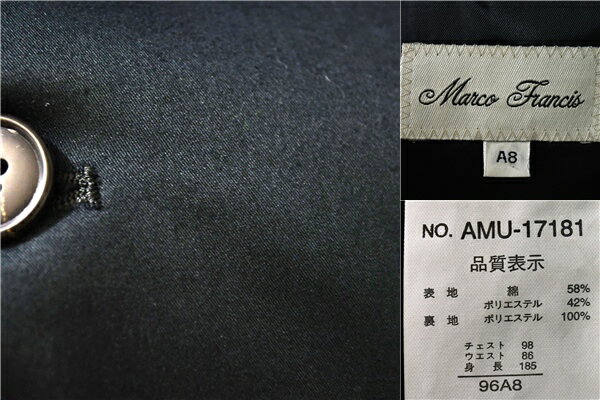 【送料無料】5TC074】マルコフランシス Marco Francis コットン混 3つボタン シングル 段返り スーツ A8 / L 光沢ブラック ノータック AMU-17181【中古】【メンズビジネス】202503