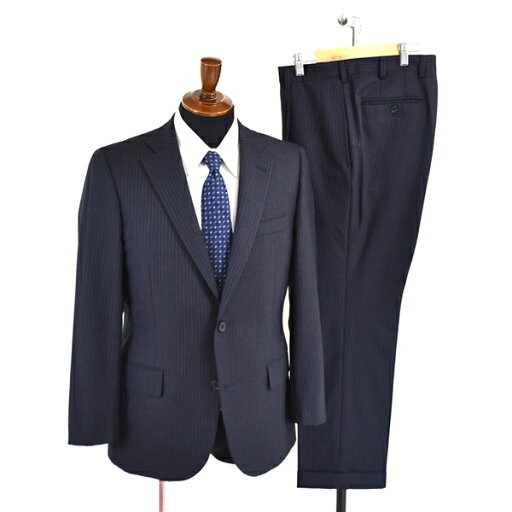 【10%OFF】5TD057】ニューヨーカー NEWYORKER 2つボタン シングル スーツ AB5 / M 濃紺 ストライプ 袖口4つ釦 ワンタック 11-07-3110-70-45【スーパーSALE】【送料無料】【中古】【メンズビジネス】202504