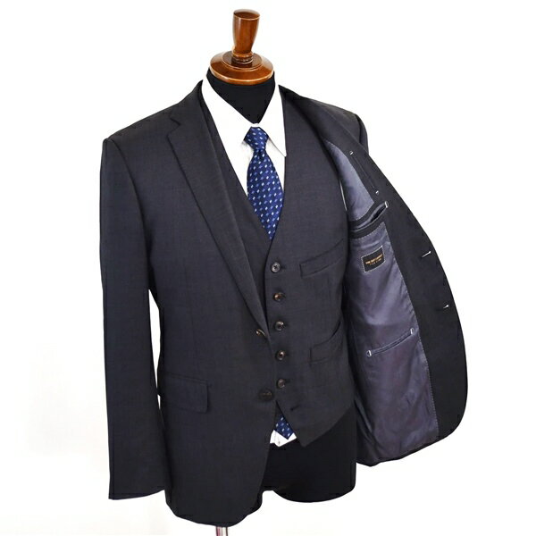 FILO D'ORO スーツカンパニー シルク混 3ピース 2パンツ 2つボタン シングルスーツ M A5 ダークグレー ノータック VBN58701 春夏秋 5XF020 【送料無料】【中古】【メンズビジネス】202505