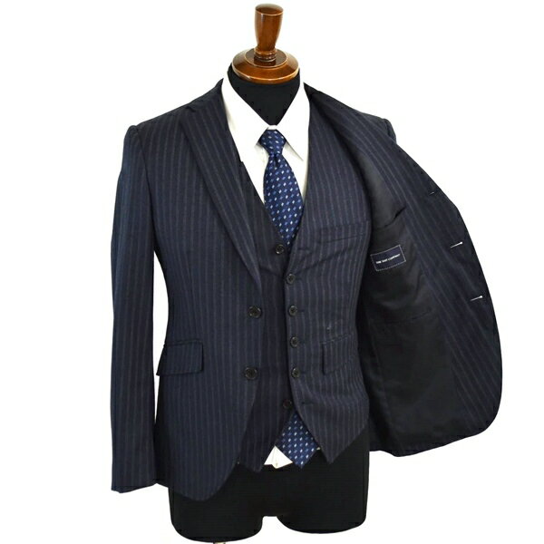 スーツカンパニー 100's生地 3ピース 2つボタン シングルスーツ S YA4 ダークネイビー ストライプ ノータック 136116 合物 春秋 5XF140 【送料無料】【中古】【メンズビジネス】202506