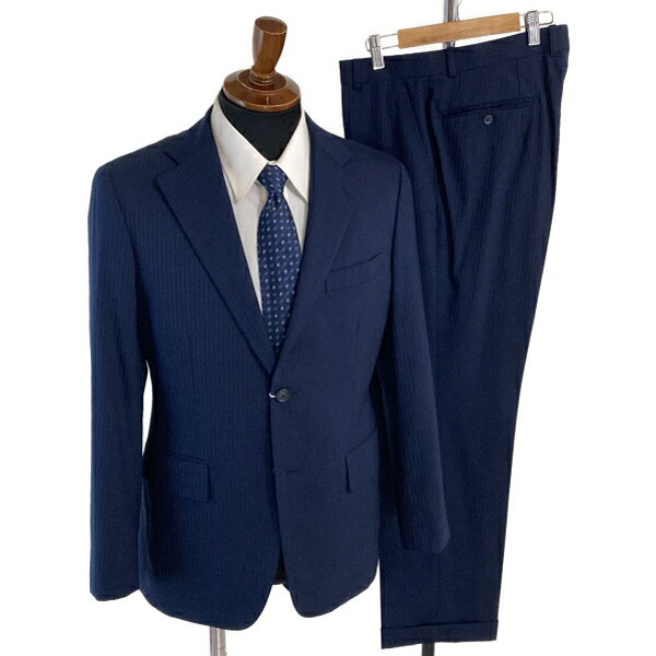 Tailor Fukuoka 2つボタンシングル スーツ A5 M ダークネイビー シャドーストライプ ノータック 濃紺 春秋対応 開き見せ 6UH001 【送料無料】【中古】【メンズビジネス】202607