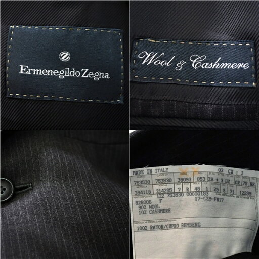 伊製 エルメネジルドゼニア カシミヤ混 3つボタン シングル スーツ 48 / A8ウエスト細め / L ダークグレー ストライプ 214295 4TJ063 【送料無料】【中古】【メンズビジネス】202410