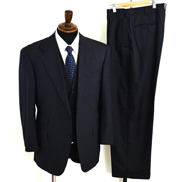 POLO ラルフローレン 3ピース 段返り 3つボタン シングルスーツ M A5 ダークネイビー ウインドペン 袖口4つ釦 開き見せ 合物 春秋 5XJ003 【送料無料】【中古】【メンズビジネス】202510