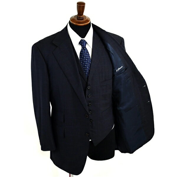 POLO ラルフローレン 3ピース 段返り 3つボタン シングルスーツ M A5 ダークネイビー ウインドペン 袖口4つ釦 開き見せ 合物 春秋 5XJ003 【送料無料】【中古】【メンズビジネス】202510