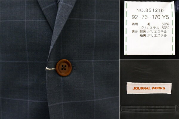【送料無料】4NL009】JOURNAL WORKS 2つボタン シングルスーツ 袖口3つボタン Y5 M ダークネイビー ウインドペン ノータック 春夏 851210 【中古】【メンズビジネス】202412