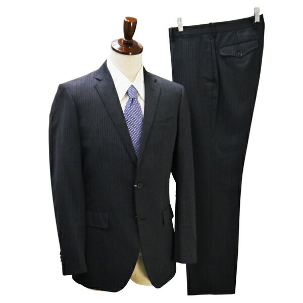 4NL068】THE SUIT COMPANY 2つボタン シングルスーツ Y7 L ダークグレー 暗灰色 ストライプ ノータック 本切羽 春秋冬 AET905 【送料無料】【中古】【メンズビジネス】202412