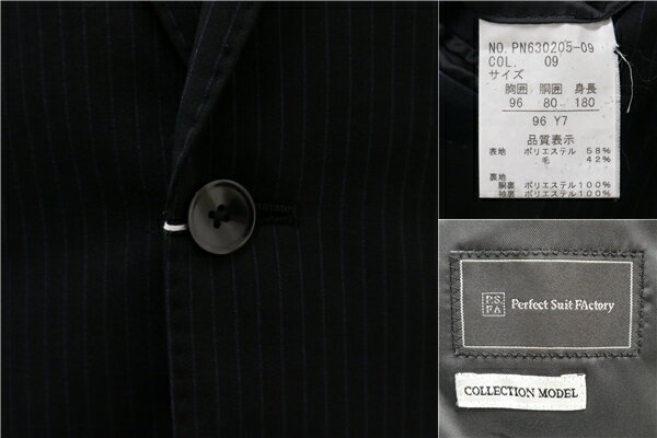 【50％OFF】5NA024】Perfect Suit FActory COLLECTION MODEL 2つボタン シングルスーツ Y7 L ダークネイビー ストライプ 春秋冬 PN630205-09 【スーパーSALE】【送料無料】【中古】【メンズビジネス】202501