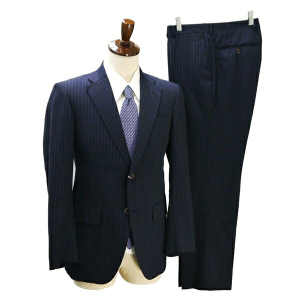 aazabu tailor アザブテーラー 2つボタン シングルスーツ YA6 M ダークネイビー 濃紺 ストライプ ノータック 春秋冬 5NB062 【送料無料】【中古】【メンズビジネス】202502
