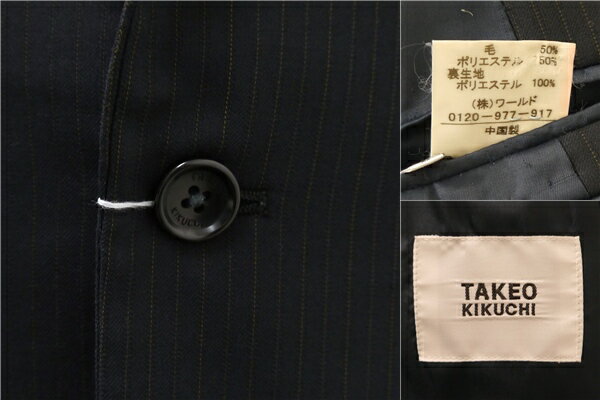 【送料無料】5ND054】TAKEO KIKUCHI 2つボタン シングルスーツ 袖口4つボタン YA5 M ダークネイビー ストライプ ノータック 春秋冬 620 【中古】【メンズビジネス】202504