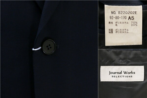 Journal Works SELECTIONS 2つボタン シングルスーツ 袖口3つボタン A5 M ダークネイビー ノータック 春秋 合物 8220202E 5ND065 【送料無料】【中古】【メンズビジネス】202504
